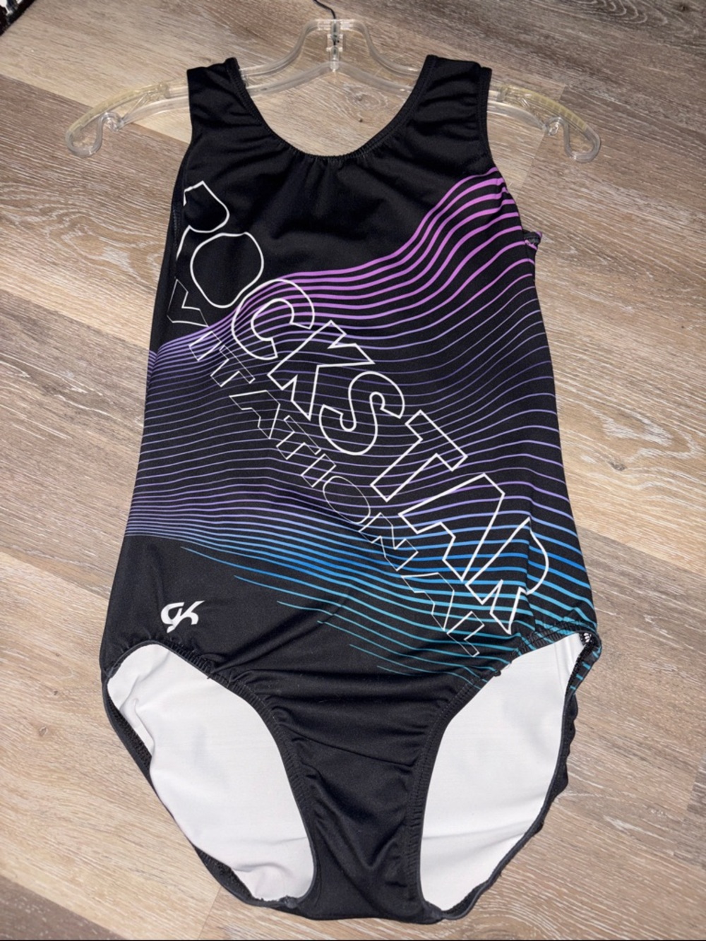GK Black Leotard with Purple and Teal Wave Stripes